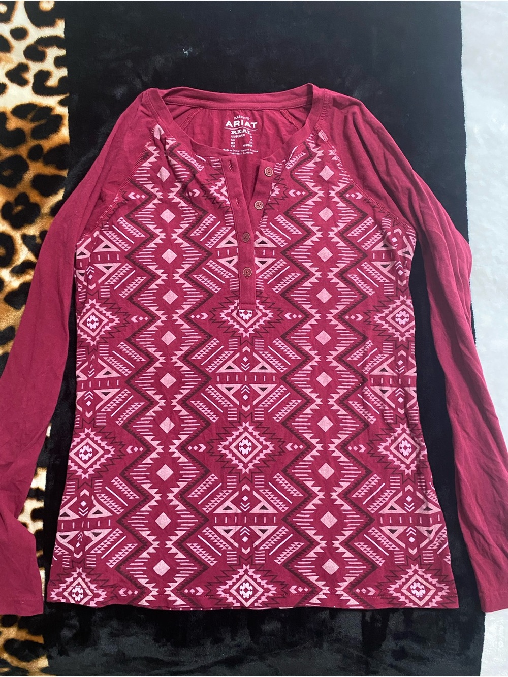 Ariat Women's Burgundy and Pink Aztec Henley Long Sleeve Top